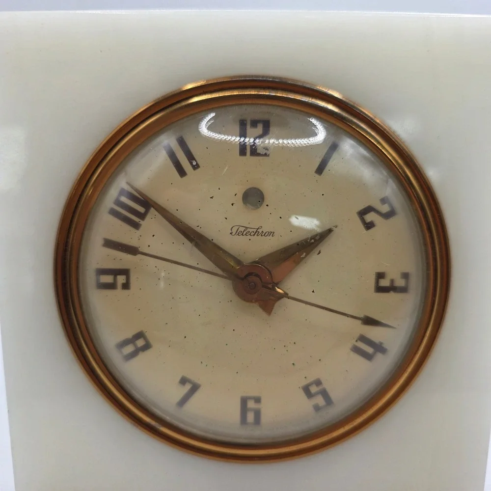 Vintage Warren Telechron Electric Clock White Onyx Brass MCM Desk Shelf Works US